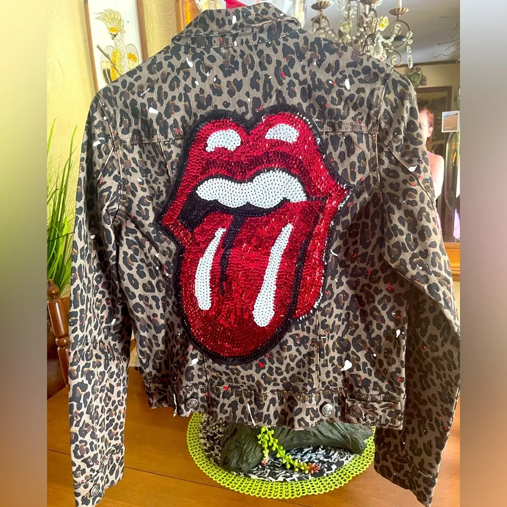 Leopard Denim Hand-painted Sequined ROLLING STONES Jacket Siz Small - Picture 1 of 5